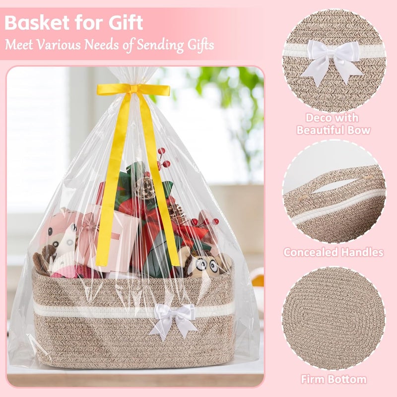 OIAHOMY Large Woven Storage Basket with Handles for Nursery Living Room Shelves, Bow Basket for Gifts Empty with Gift Bags and Ribbons for Baby Showers Pet Toy Bin - Brown & White - Image 5